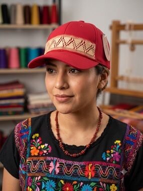 Red Baseball Cap with Beige Woven Band - Women's Hat From Oaxaca